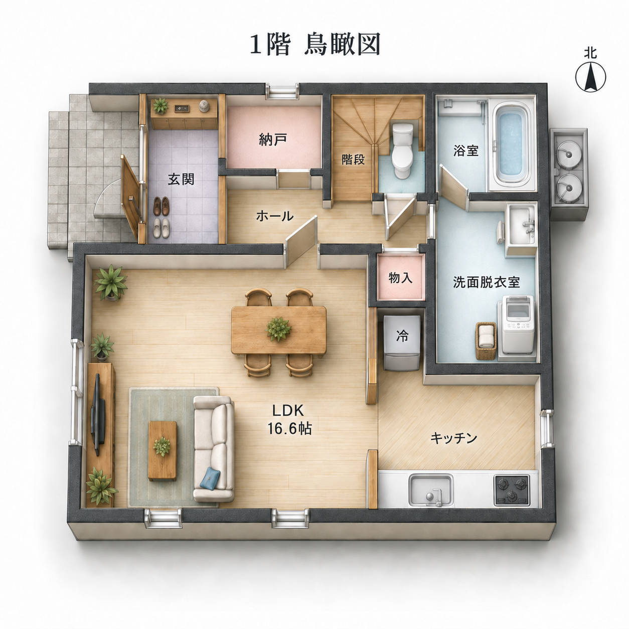 30.37坪・2階建ての1階鳥瞰図。LDK、浴室、洗濯機のある洗面脱衣室、下駄箱を備えた玄関の配置。