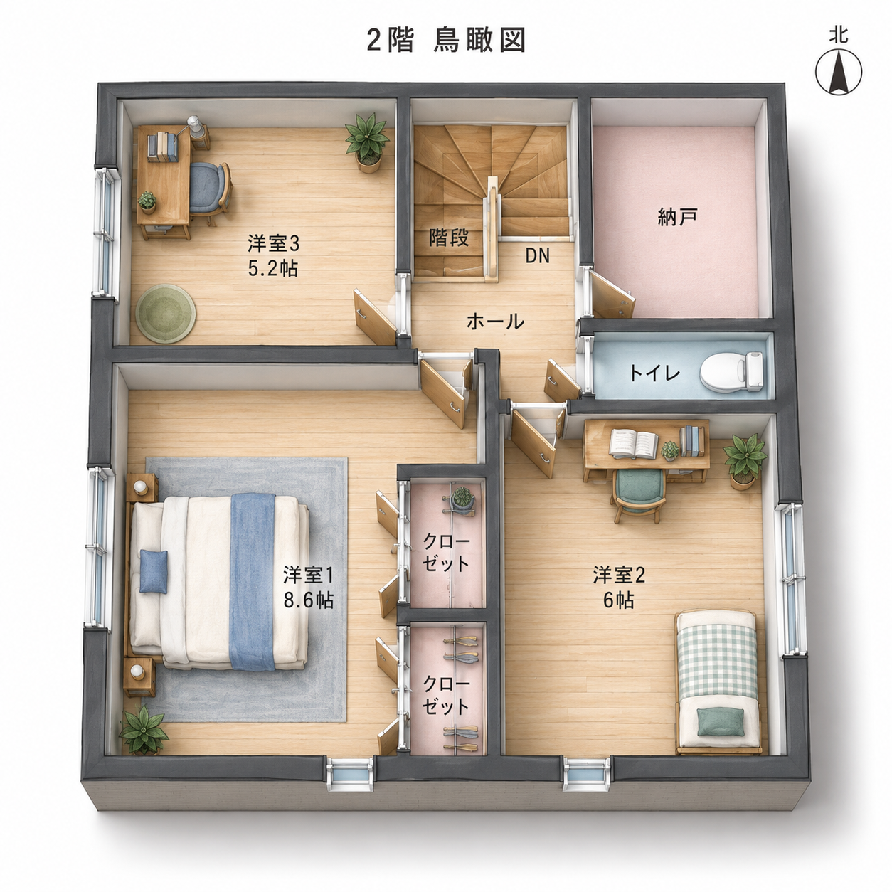 30.37坪・2階建ての2階鳥瞰図。3つの洋室、収納、ホール、階段、トイレの配置。