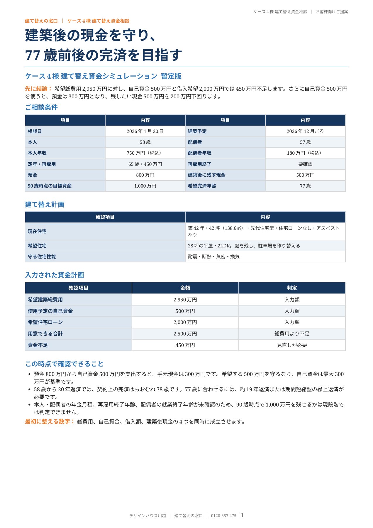 本人58歳 平屋への建て替えの住宅資金資料 1ページ目